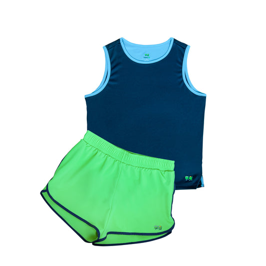 kid's running kit, kid's tank top, kid's running short navy / green combo