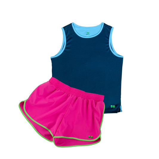 kid's running kit, kid's tank top, kid's running short navy / pink combo