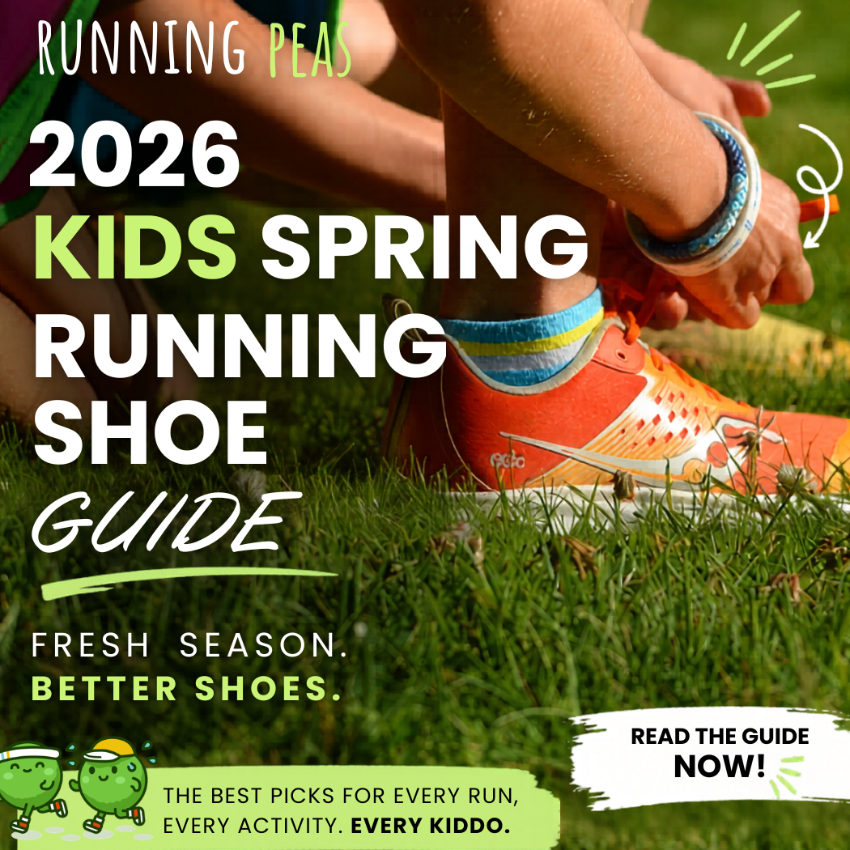 Promotional graphic for '2026 Kids Spring Running Shoe Guide' with a child tying a running shoe on grass.